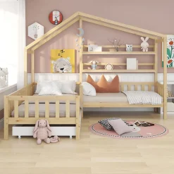 Redom Lit 90x200 cm en bois massif façon maisonnette, structure en L avec tiroirs et étagères, finition naturel*Enfant Lit Enfant