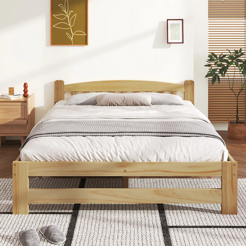 Lit 140x200 cm en bois massif naturel avec tête de lit et sommier à lattes, lit futon solide pour adolescents et adultes>ProximaX Sale
