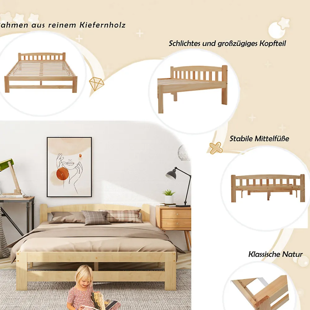 Lit 140x200 cm en bois massif naturel avec tête de lit et sommier à lattes, lit futon solide pour adolescents et adultes>ProximaX Sale