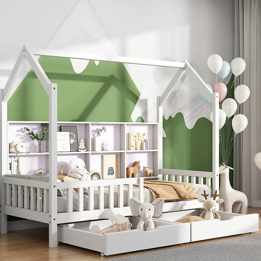 Lit 90x200 cm en bois massif style scandinave en forme de maison avec 2 tiroirs de rangement blanc>Redom Clearance