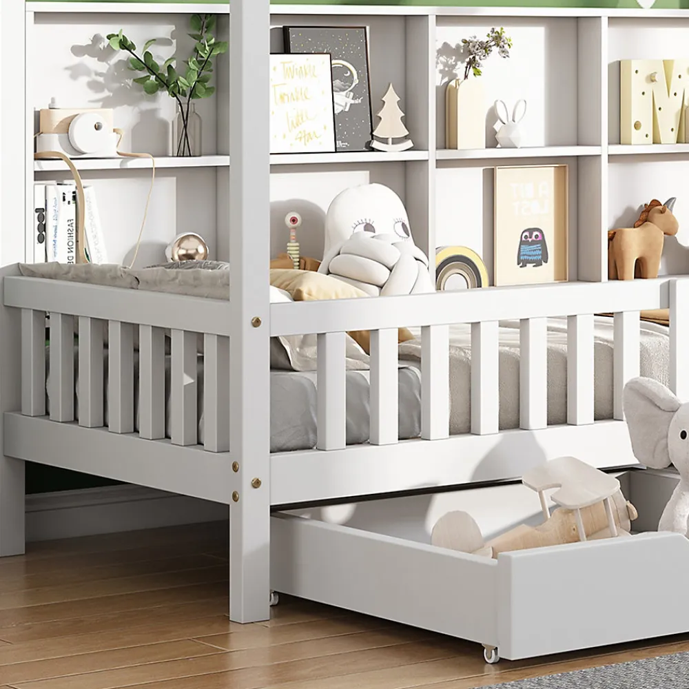 Lit 90x200 cm en bois massif style scandinave en forme de maison avec 2 tiroirs de rangement blanc>Redom Clearance