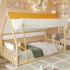 Lit 90x200 cm en bois massif style maison avec tente amovible et barrières de sécurité, finition blanc/naturel>Redom Sale