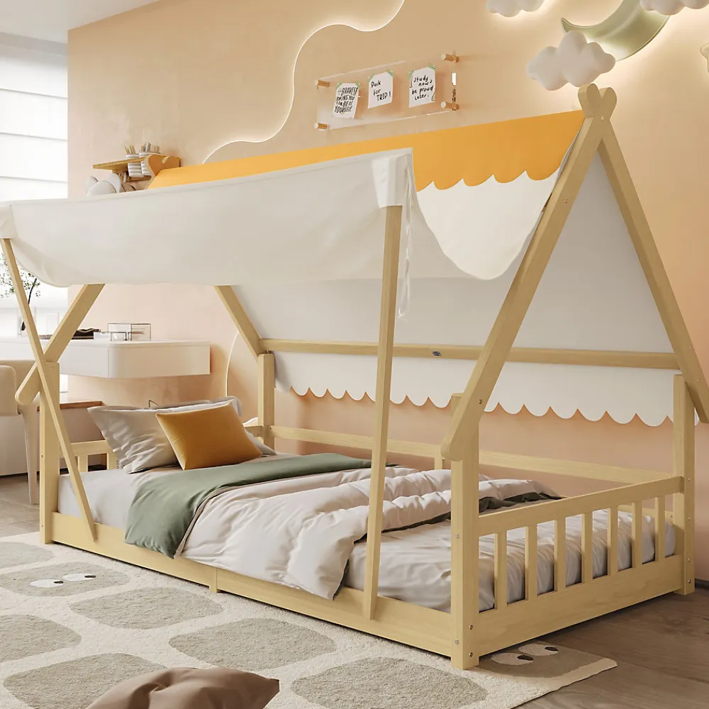 Lit 90x200 cm en bois massif style maison avec tente amovible et barrières de sécurité, finition blanc/naturel>Redom Sale