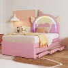 Redom Lit 90x200 cm en forme de licorne avec lit gigogne et tête de lit rembourrée en PU, style enfant rose* Lit Gigogne