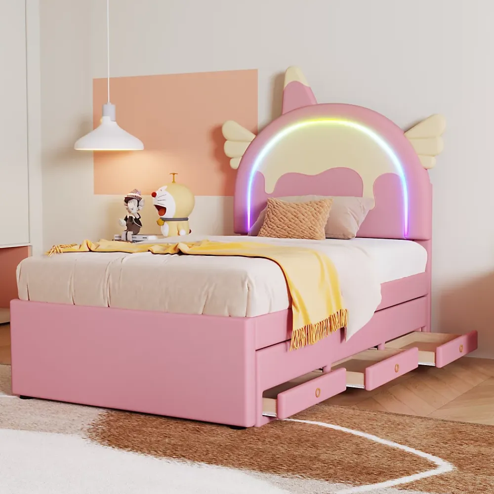 Redom Lit 90x200 cm en forme de licorne avec lit gigogne et tête de lit rembourrée en PU, style enfant rose* Lit Gigogne