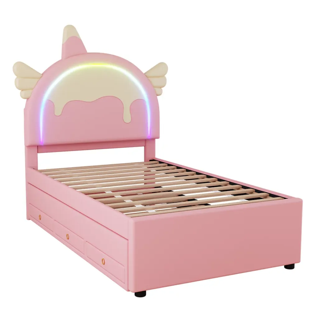 Redom Lit 90x200 cm en forme de licorne avec lit gigogne et tête de lit rembourrée en PU, style enfant rose* Lit Gigogne