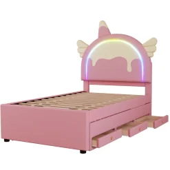 Redom Lit 90x200 cm en forme de licorne avec lit gigogne et tête de lit rembourrée en PU, style enfant rose* Lit Gigogne