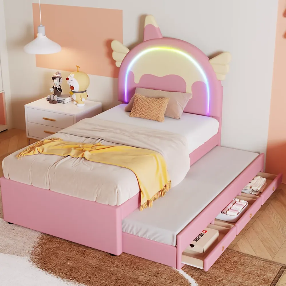 Redom Lit 90x200 cm en forme de licorne avec lit gigogne et tête de lit rembourrée en PU, style enfant rose* Lit Gigogne
