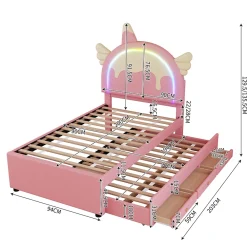 Redom Lit 90x200 cm en forme de licorne avec lit gigogne et tête de lit rembourrée en PU, style enfant rose* Lit Gigogne