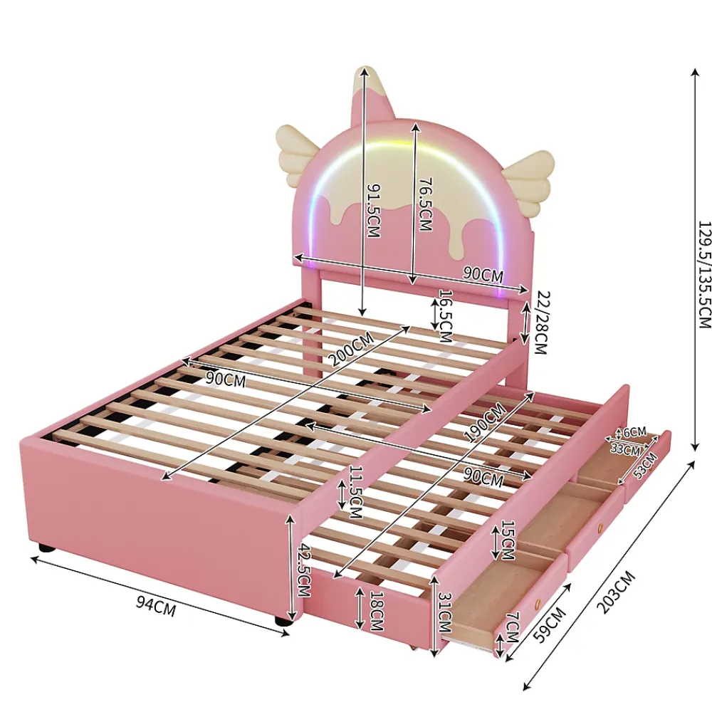 Redom Lit 90x200 cm en forme de licorne avec lit gigogne et tête de lit rembourrée en PU, style enfant rose* Lit Gigogne