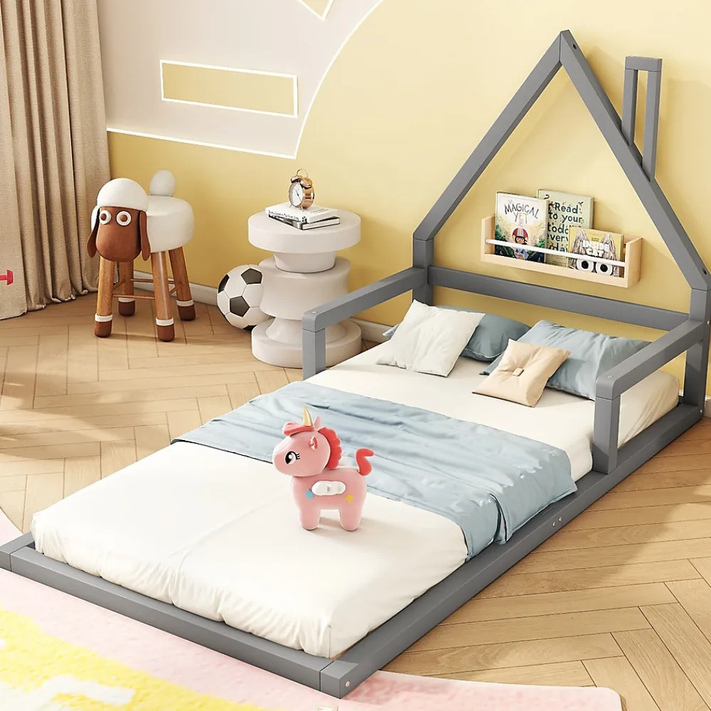Lit 90x200 cm en forme de maison avec cadre en pin massif et MDF, design scandinave gris, sommier 7 lattes, idéal chambre enfant>Redom Best