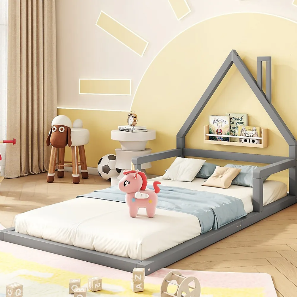 Lit 90x200 cm en forme de maison avec cadre en pin massif et MDF, design scandinave gris, sommier 7 lattes, idéal chambre enfant>Redom Best
