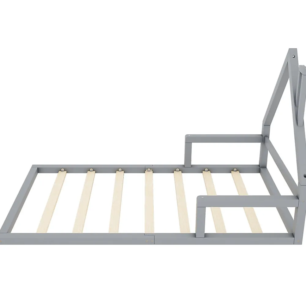 Lit 90x200 cm en forme de maison avec cadre en pin massif et MDF, design scandinave gris, sommier 7 lattes, idéal chambre enfant>Redom Best