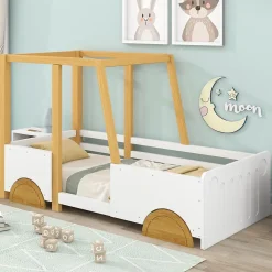 Redom Lit 90x200 cm en forme de voiture avec cadre en pin massif et barrières de protection, blanc/naturel*Enfant Lit Enfant