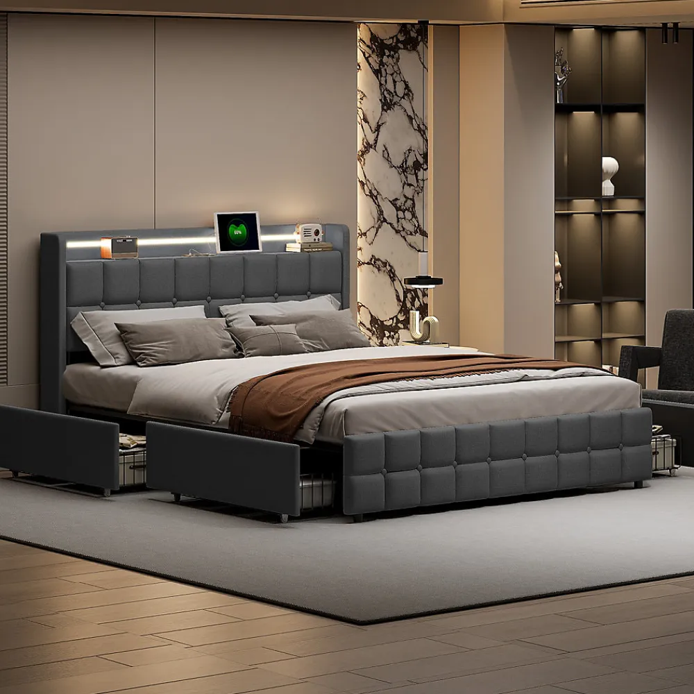 Lit 160x200 cm en lin gris avec 4 tiroirs, tête de lit LED avec prises USB intégrées, Grand rangement et design élégant>ProximaX New