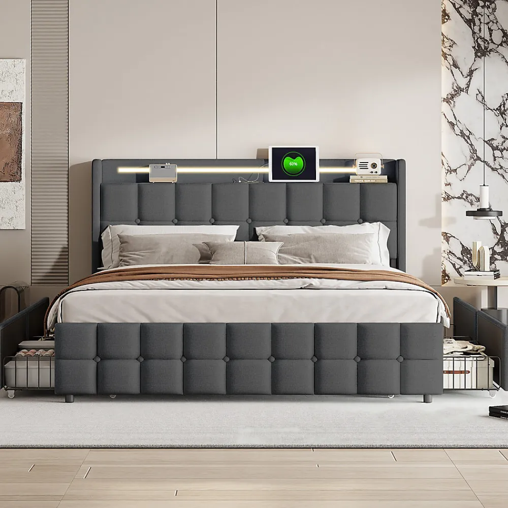 Lit 160x200 cm en lin gris avec 4 tiroirs, tête de lit LED avec prises USB intégrées, Grand rangement et design élégant>ProximaX New