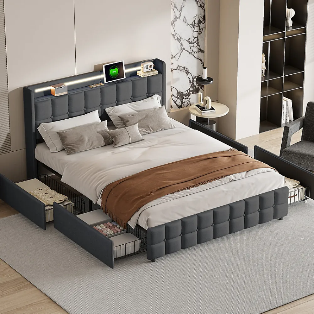 Lit 160x200 cm en lin gris avec 4 tiroirs, tête de lit LED avec prises USB intégrées, Grand rangement et design élégant>ProximaX New