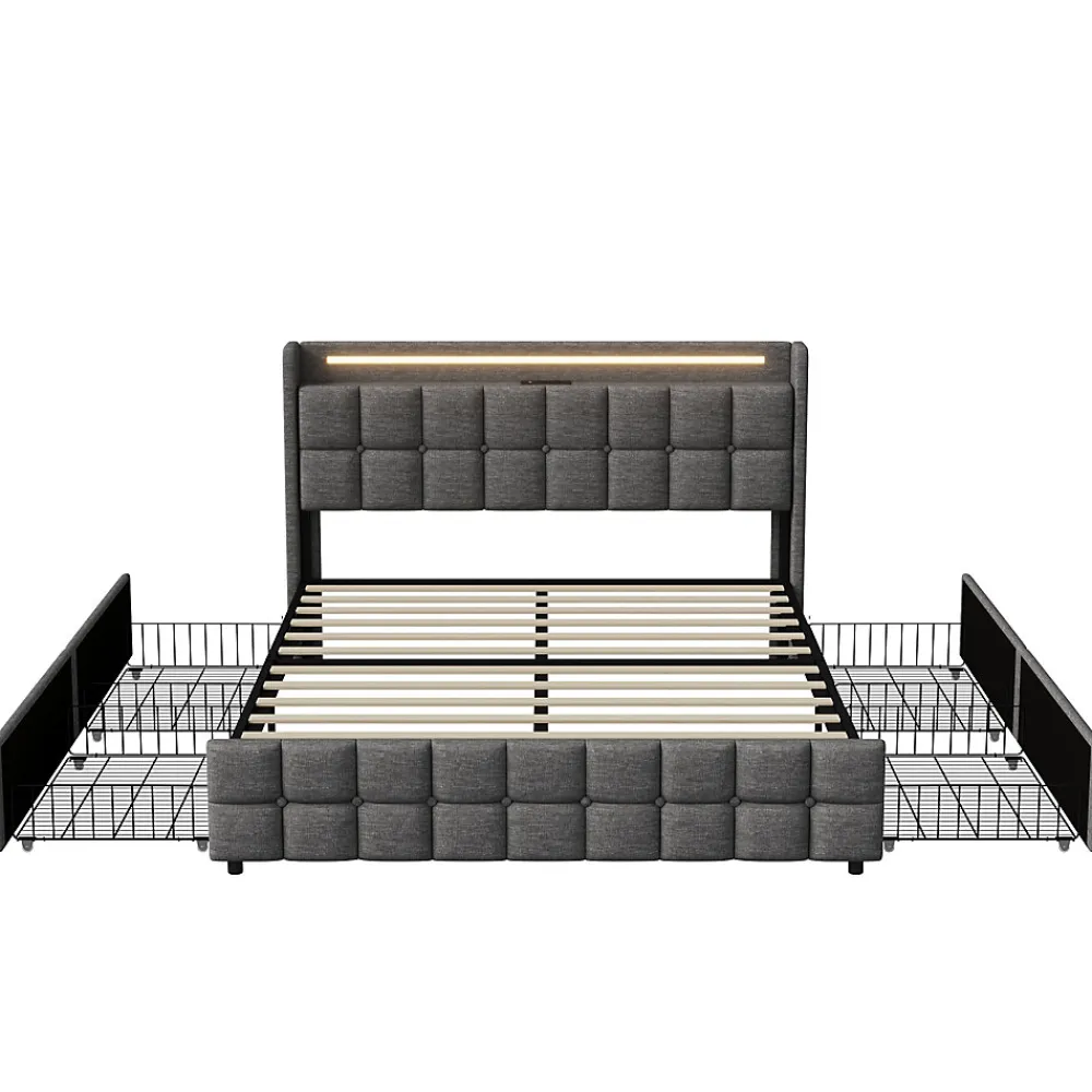 Lit 160x200 cm en lin gris avec 4 tiroirs, tête de lit LED avec prises USB intégrées, Grand rangement et design élégant>ProximaX New