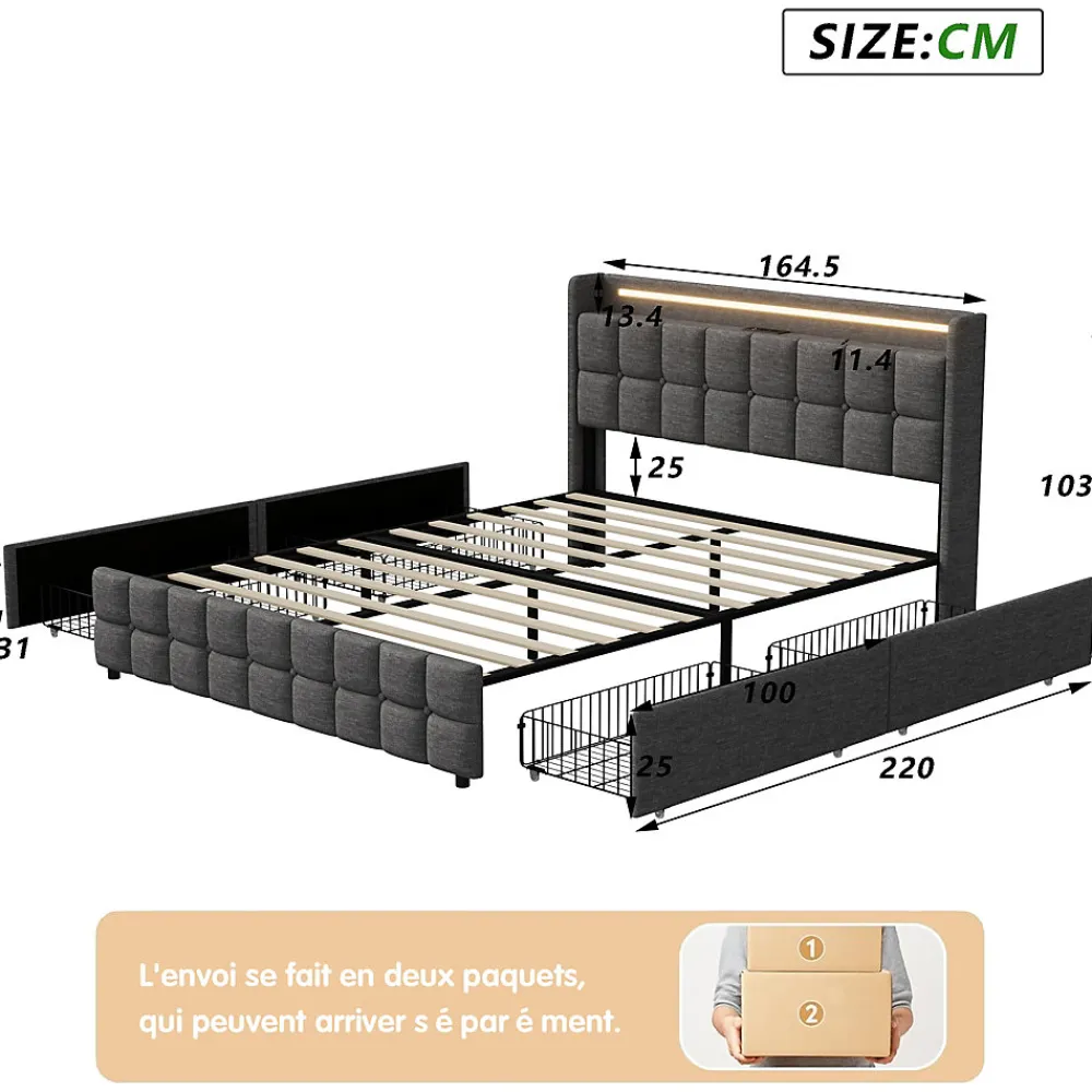 Lit 160x200 cm en lin gris avec 4 tiroirs, tête de lit LED avec prises USB intégrées, Grand rangement et design élégant>ProximaX New
