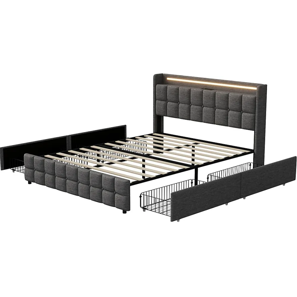 Lit 160x200 cm en lin gris avec 4 tiroirs, tête de lit LED avec prises USB intégrées, Grand rangement et design élégant>ProximaX New