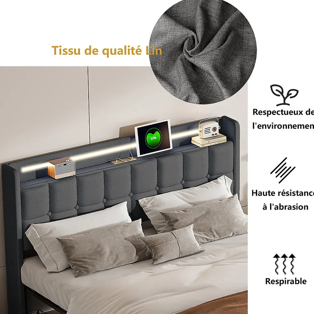 Lit 160x200 cm en lin gris avec 4 tiroirs, tête de lit LED avec prises USB intégrées, Grand rangement et design élégant>ProximaX New