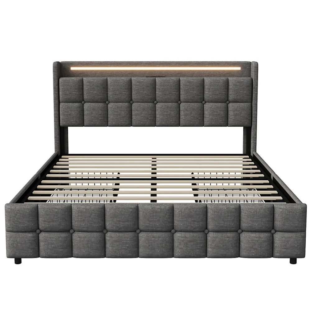 Lit 160x200 cm en lin gris avec 4 tiroirs, tête de lit LED avec prises USB intégrées, Grand rangement et design élégant>ProximaX New