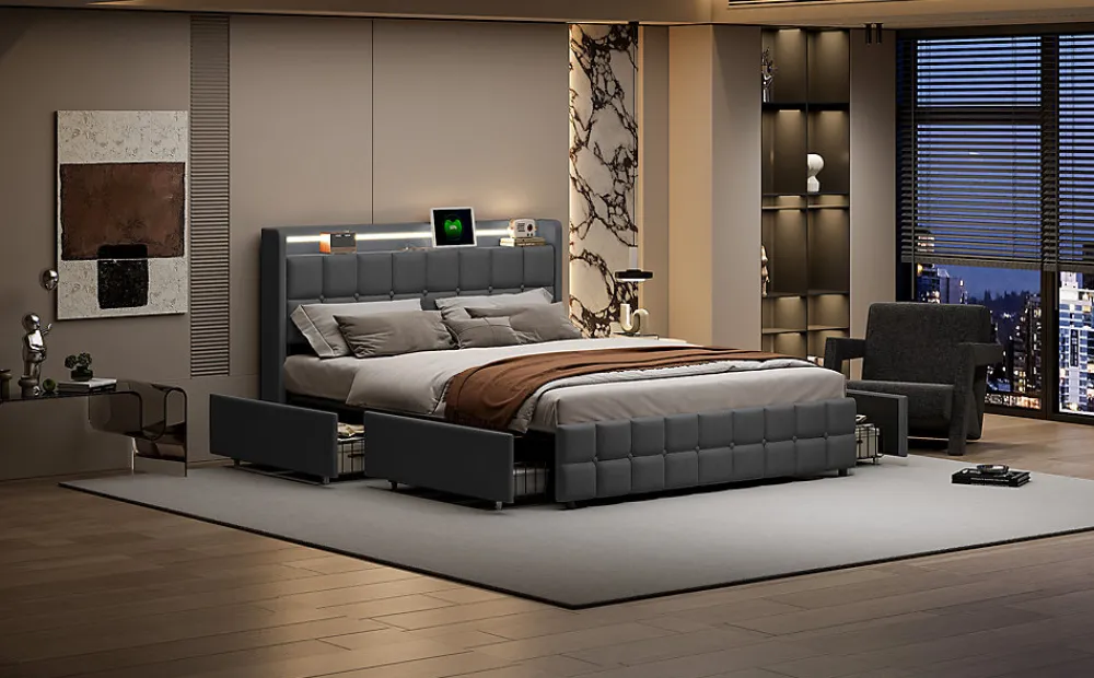 Lit 160x200 cm en lin gris avec 4 tiroirs, tête de lit LED avec prises USB intégrées, Grand rangement et design élégant>ProximaX New