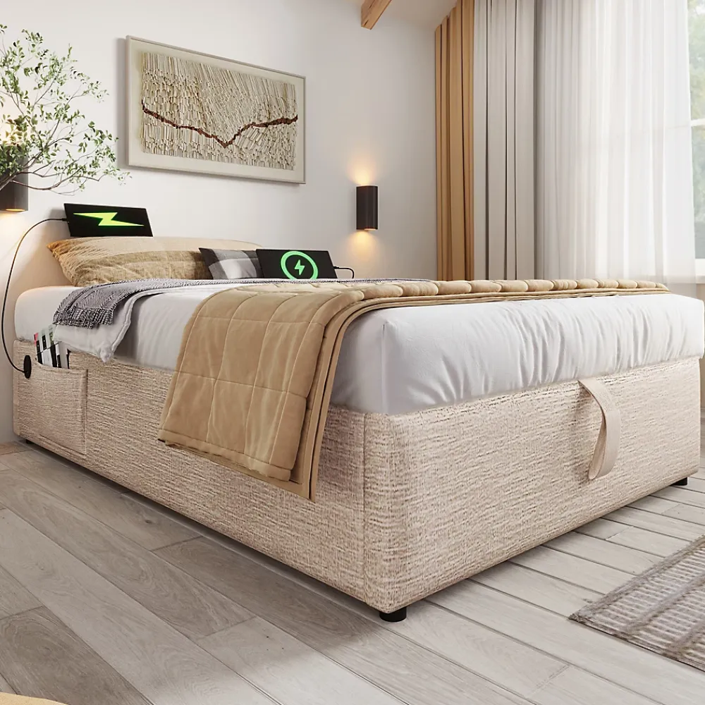 Redom Lit 90x190 cm en lin naturel avec rangement hydraulique, étagère tête de lit et ports USB-C* Lit Avec Rangement