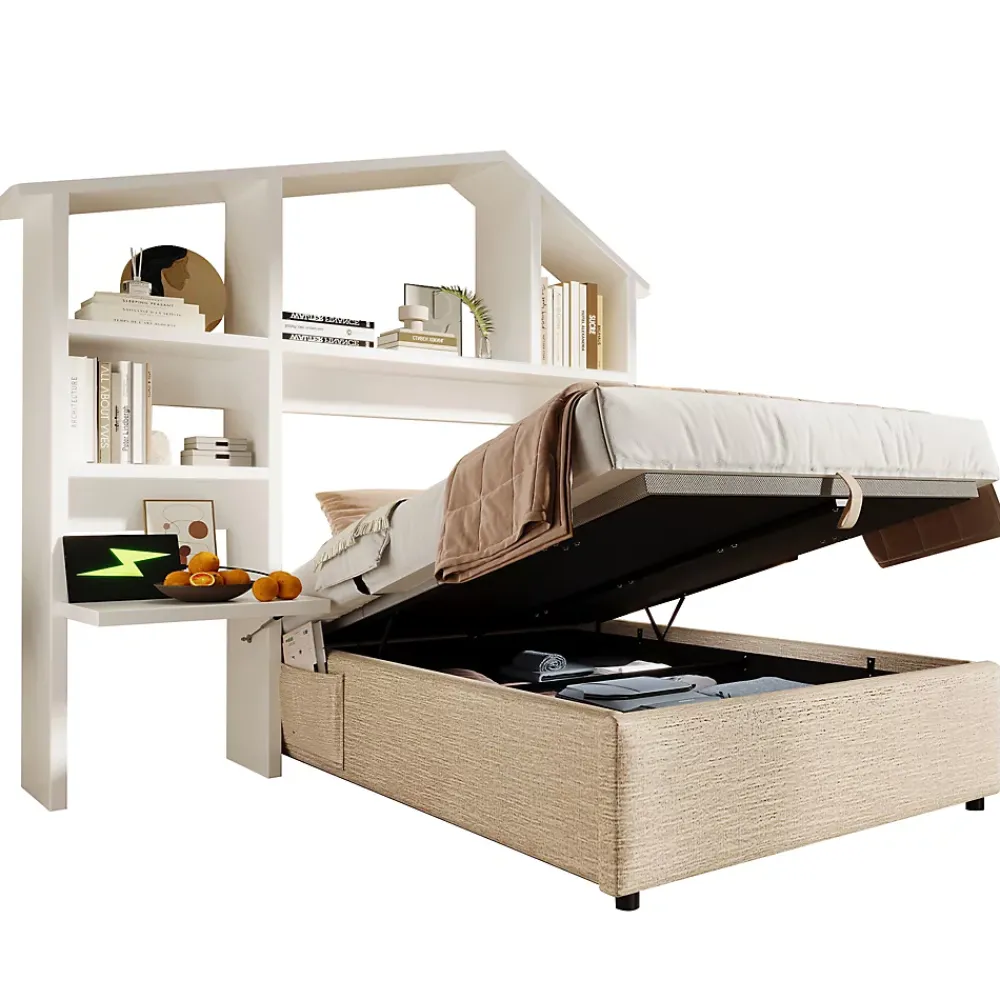 Redom Lit 90x190 cm en lin naturel avec rangement hydraulique, étagère tête de lit et ports USB-C* Lit Avec Rangement