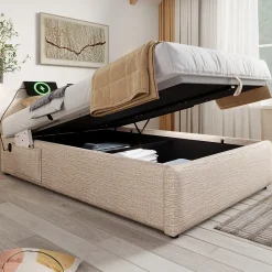 Redom Lit 90x190 cm en lin naturel avec rangement hydraulique, étagère tête de lit et ports USB-C* Lit Avec Rangement