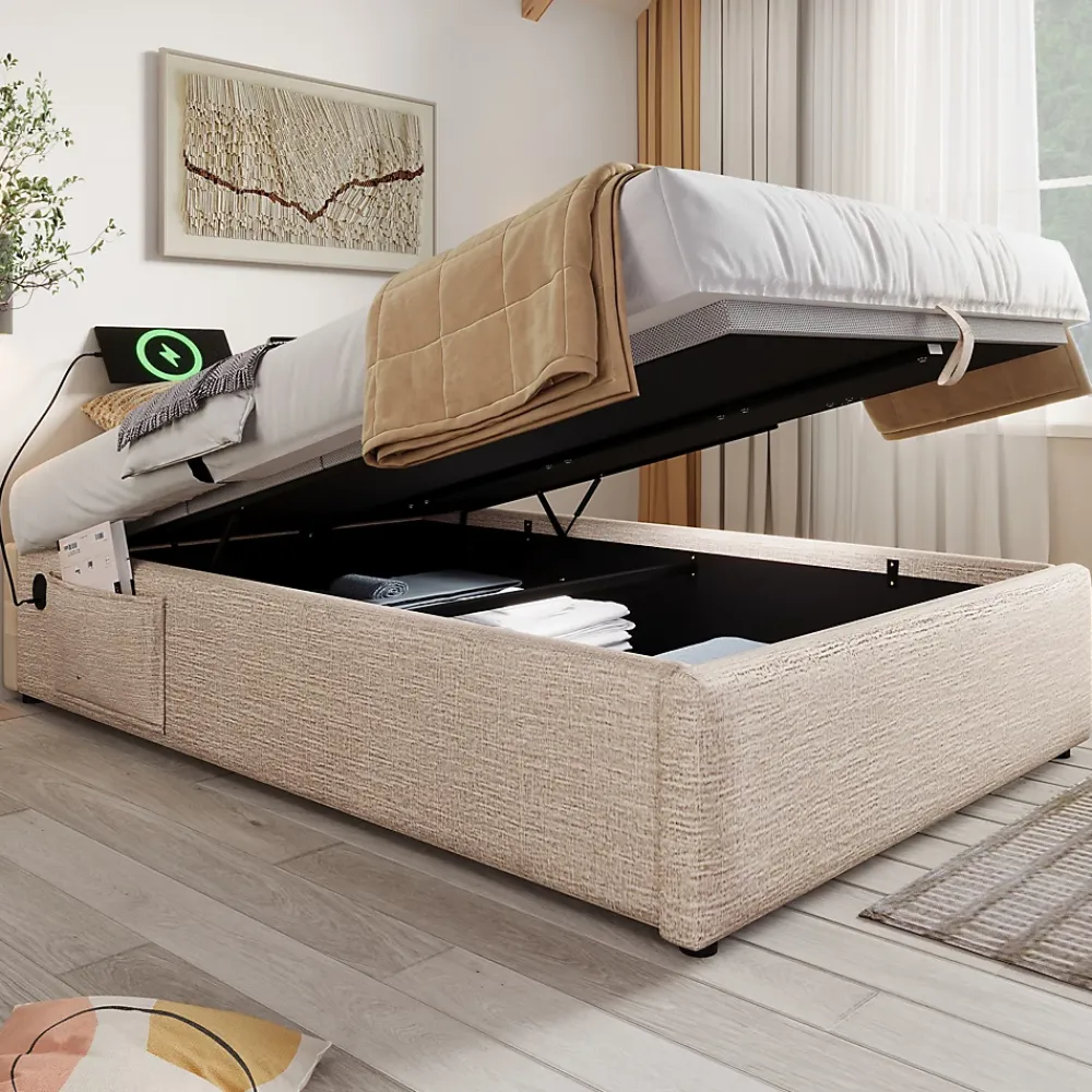 Redom Lit 90x190 cm en lin naturel avec rangement hydraulique, étagère tête de lit et ports USB-C* Lit Avec Rangement