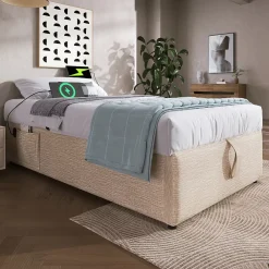 Redom Lit 90x190 cm en lin naturel avec rangement hydraulique, étagère tête de lit et ports USB-C* Lit Avec Rangement
