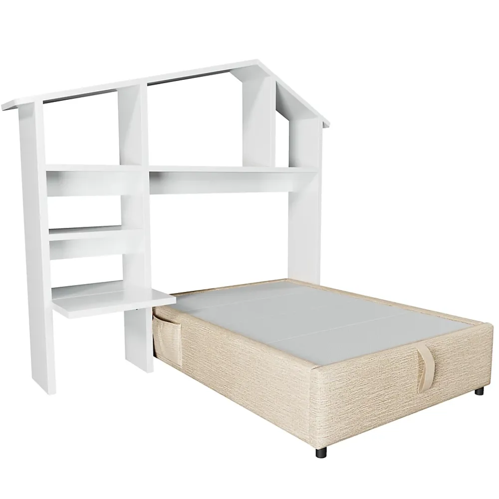 Redom Lit 90x190 cm en lin naturel avec rangement hydraulique, étagère tête de lit et ports USB-C* Lit Avec Rangement