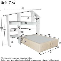 Redom Lit 90x190 cm en lin naturel avec rangement hydraulique, étagère tête de lit et ports USB-C* Lit Avec Rangement