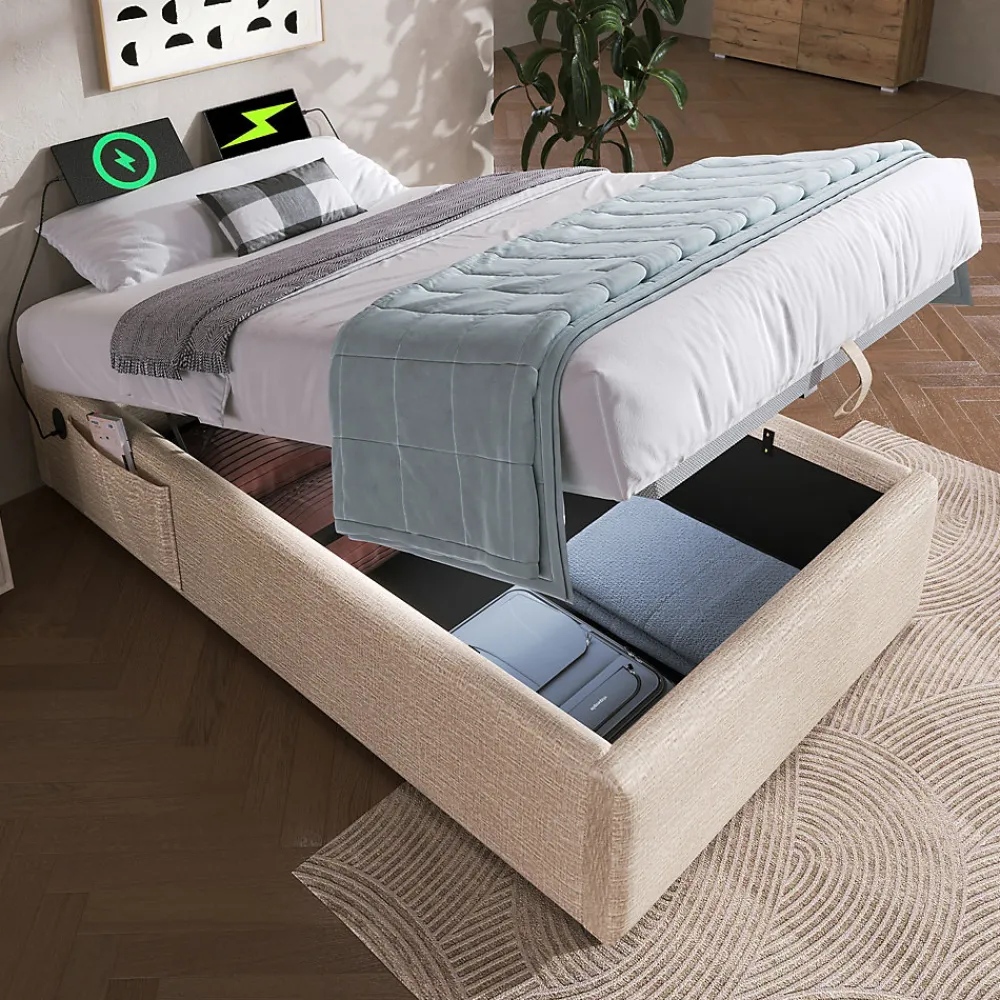 Redom Lit 90x190 cm en lin naturel avec rangement hydraulique, étagère tête de lit et ports USB-C* Lit Avec Rangement