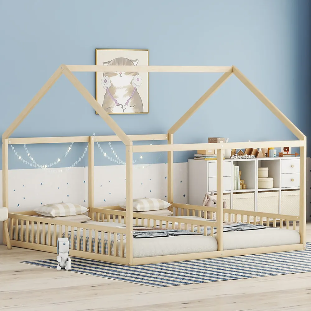 Lit 90x200 cm 2-en-1 modèle maison en pin et MDF couleur naturelle avec barrières de sécurité et toit décoratif>Redom Clearance