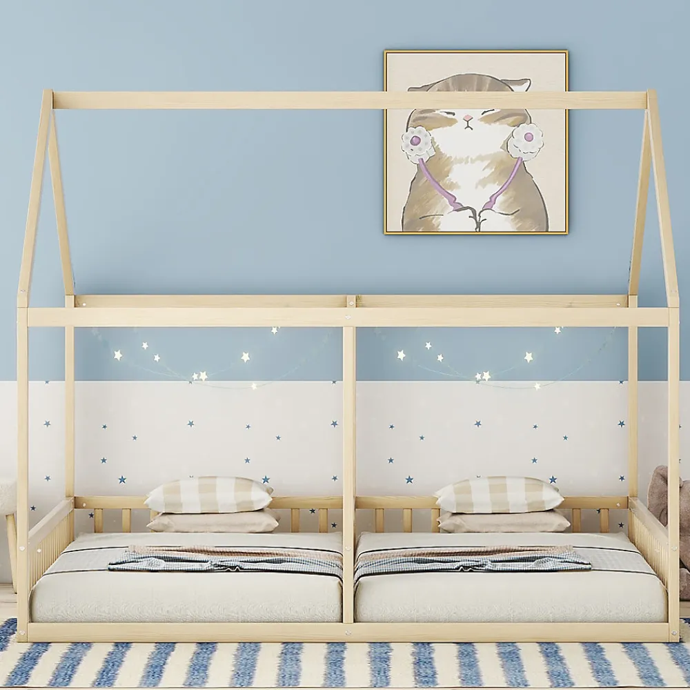Lit 90x200 cm 2-en-1 modèle maison en pin et MDF couleur naturelle avec barrières de sécurité et toit décoratif>Redom Clearance