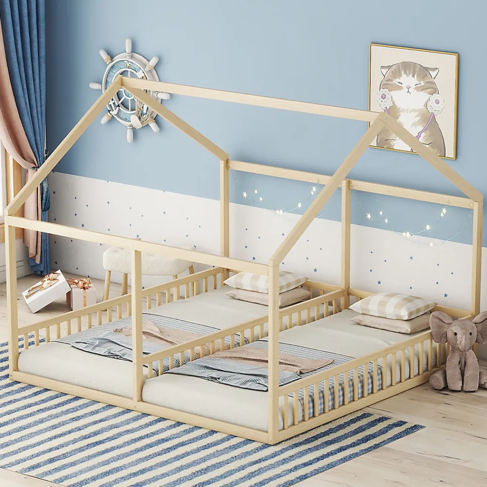 Lit 90x200 cm 2-en-1 modèle maison en pin et MDF couleur naturelle avec barrières de sécurité et toit décoratif>Redom Clearance