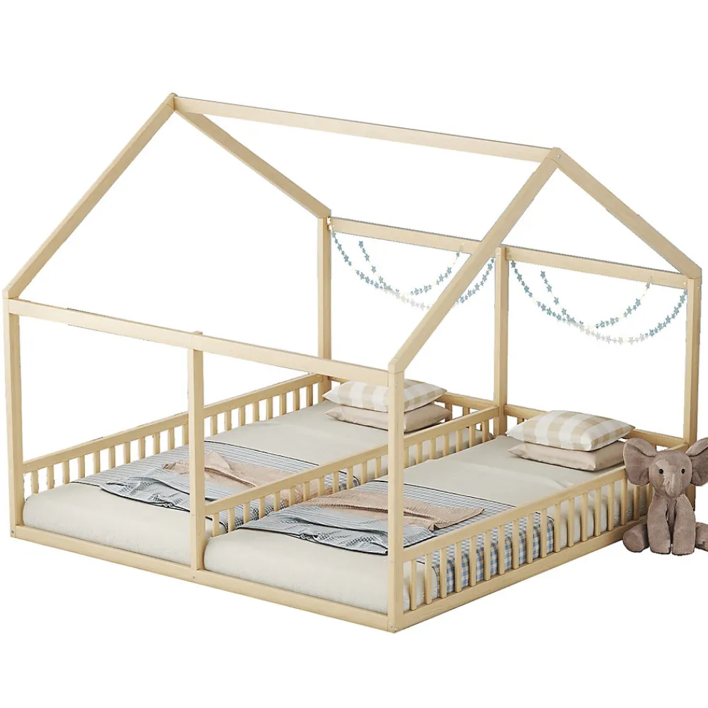 Lit 90x200 cm 2-en-1 modèle maison en pin et MDF couleur naturelle avec barrières de sécurité et toit décoratif>Redom Clearance