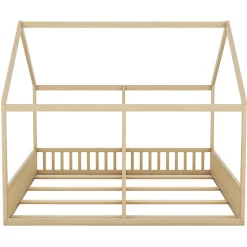Lit 90x200 cm 2-en-1 modèle maison en pin et MDF couleur naturelle avec barrières de sécurité et toit décoratif><noscript><img width=
