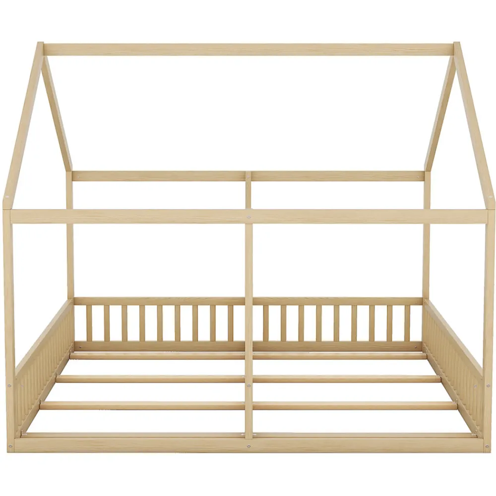 Lit 90x200 cm 2-en-1 modèle maison en pin et MDF couleur naturelle avec barrières de sécurité et toit décoratif>Redom Clearance