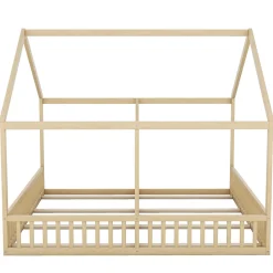 Lit 90x200 cm 2-en-1 modèle maison en pin et MDF couleur naturelle avec barrières de sécurité et toit décoratif><noscript><img width=