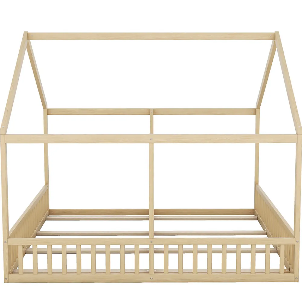 Lit 90x200 cm 2-en-1 modèle maison en pin et MDF couleur naturelle avec barrières de sécurité et toit décoratif>Redom Clearance