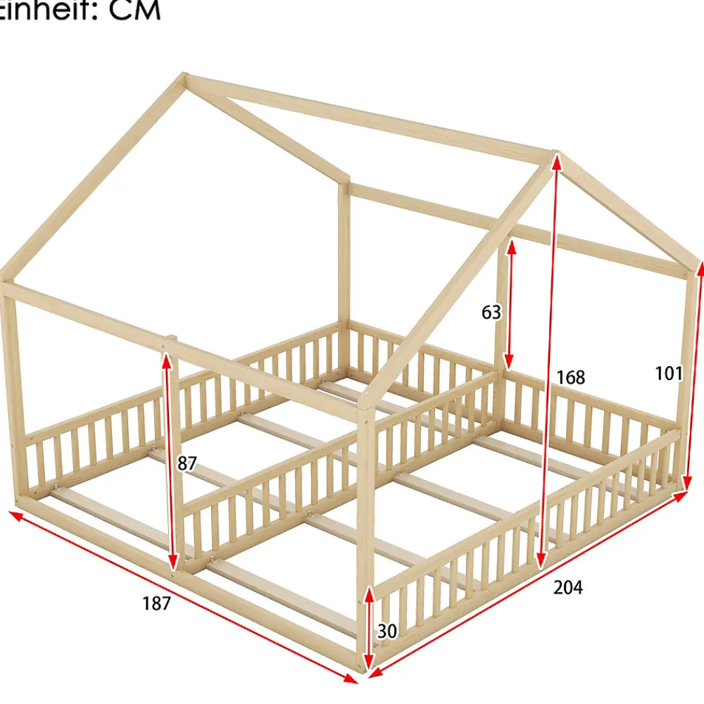 Lit 90x200 cm 2-en-1 modèle maison en pin et MDF couleur naturelle avec barrières de sécurité et toit décoratif>Redom Clearance