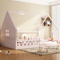 Redom Lit 140x200 cm en pin et MDF forme maisonnette avec garde-corps intégré, coloris rose, design enfant sécurisé*Enfant Lit Enfant