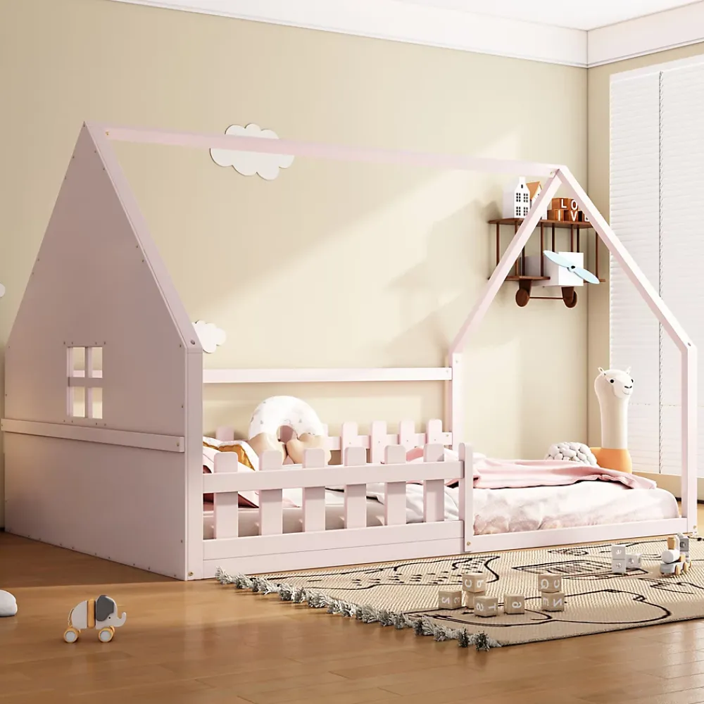 Redom Lit 140x200 cm en pin et MDF forme maisonnette avec garde-corps intégré, coloris rose, design enfant sécurisé*Enfant Lit Enfant