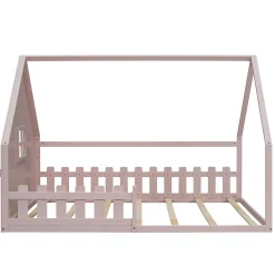 Redom Lit 140x200 cm en pin et MDF forme maisonnette avec garde-corps intégré, coloris rose, design enfant sécurisé*Enfant Lit Enfant
