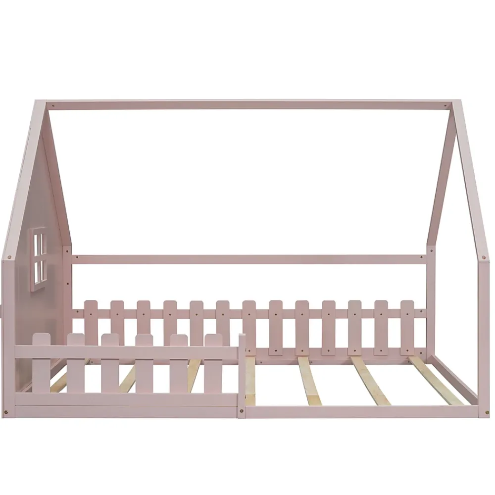 Redom Lit 140x200 cm en pin et MDF forme maisonnette avec garde-corps intégré, coloris rose, design enfant sécurisé*Enfant Lit Enfant