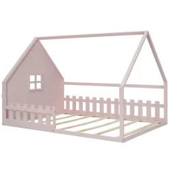 Redom Lit 140x200 cm en pin et MDF forme maisonnette avec garde-corps intégré, coloris rose, design enfant sécurisé*Enfant Lit Enfant