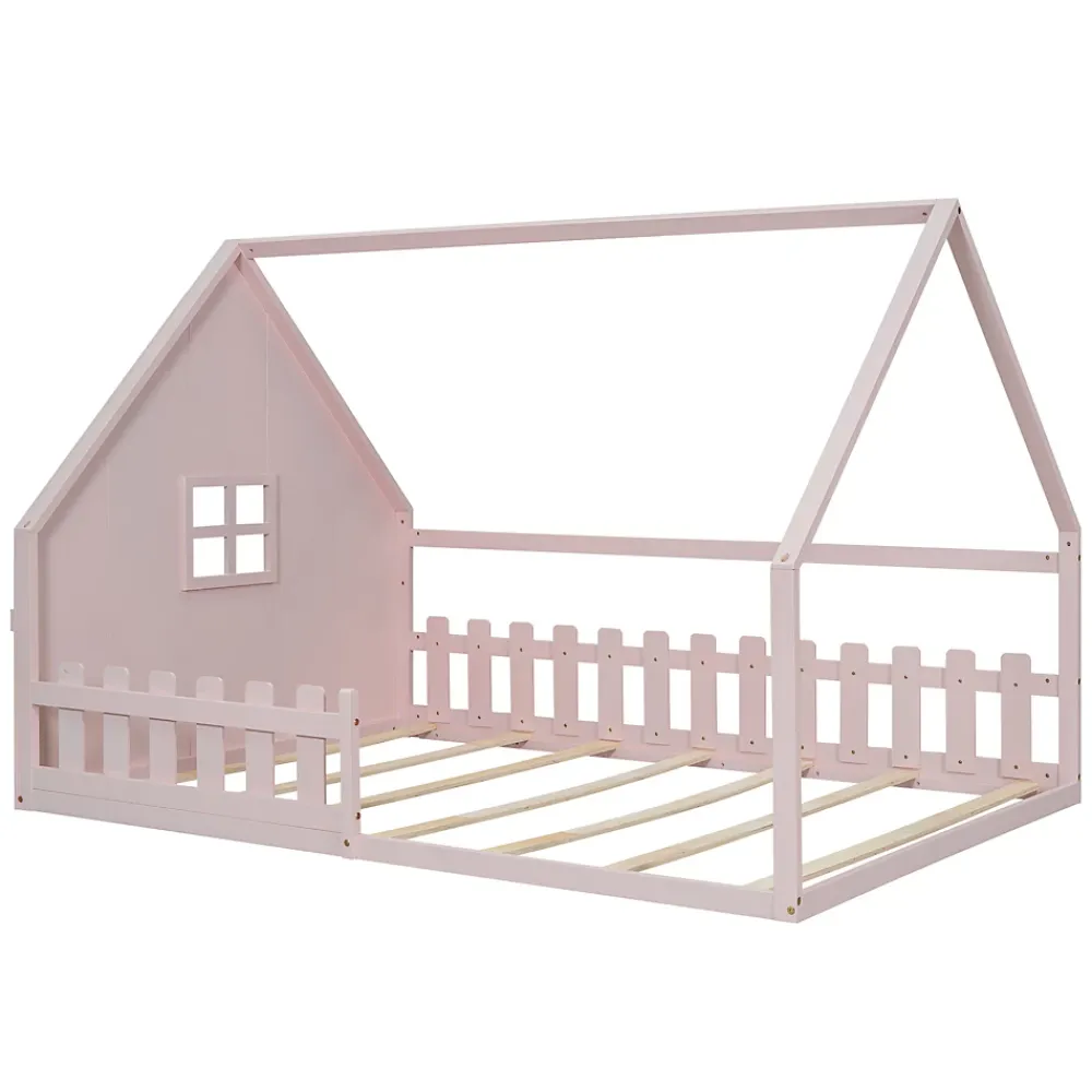 Redom Lit 140x200 cm en pin et MDF forme maisonnette avec garde-corps intégré, coloris rose, design enfant sécurisé*Enfant Lit Enfant